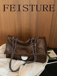 FEISTURE 1pc Solid Color PU Soft Chain Shoulder Bag, Metal Buckle Decor Flap Large Capacity One Shoulder Bag, Suitable For Girls, Women, College Students, New Professionals And Office Workers, Perfect For Work, Business, Commuting, School - Coffee - View 4