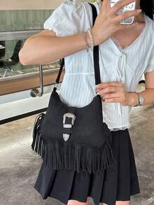 1件純色PU皮革光滑拉鍊流蘇裝飾時尚百搭休閒斜挎包，適合女性日常使用 - 黑色 - 查看 5
