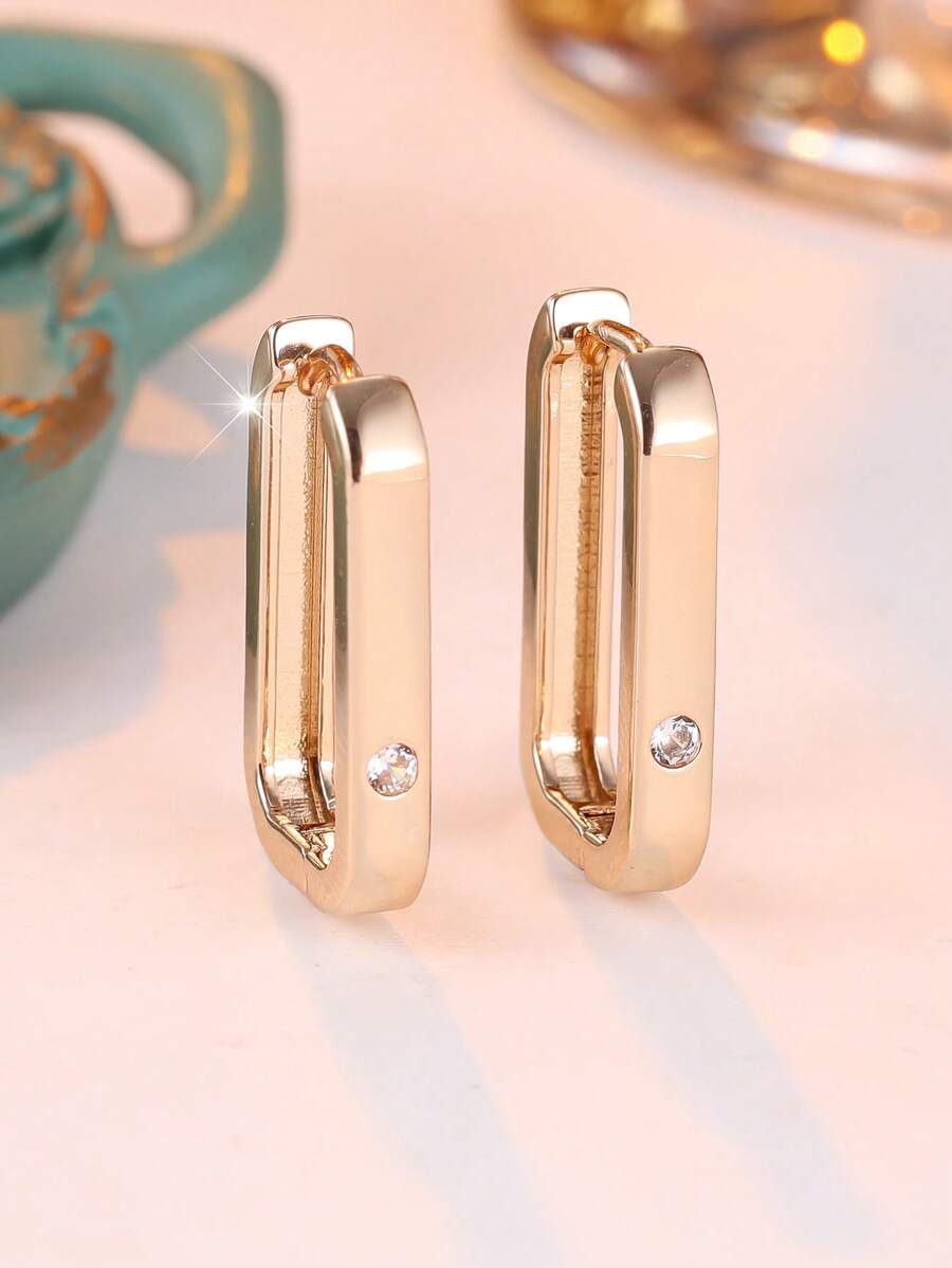 1 Pair Exquisite Rectangular Design Inlaid Synthetic Zirconia Gold ...