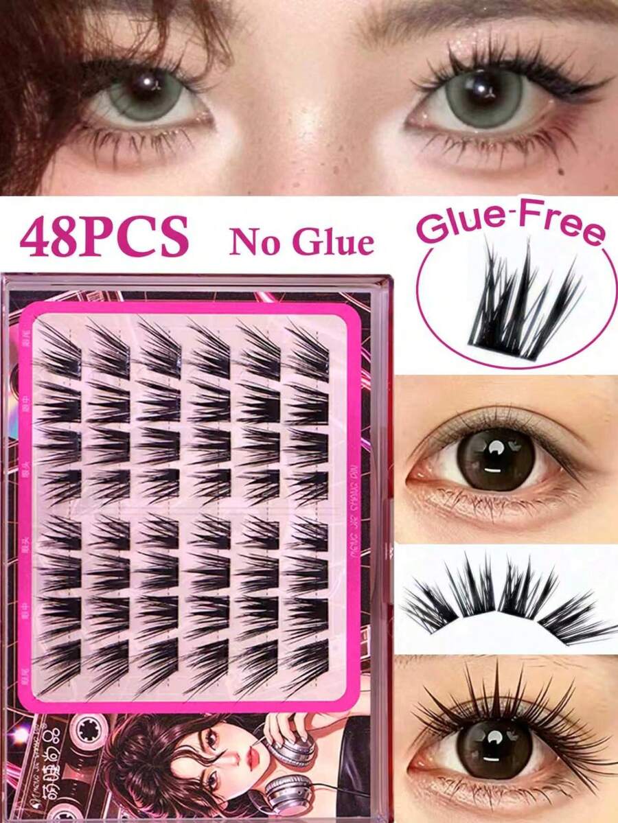 MENGJIESHANGPIN 48 Clusters Black Gold Princess Glue Free False Eyelashes, C Curl Layered Segmented Lash Clusters, Dramatic Luxe Self-Adhesive Lashes For Party & Daily Makeup - View 1