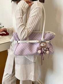 Dedoo 女款紫色波點托特包，PU材質，白色肩帶與蝴蝶結，大容量單肩包，甜美校園風，適合上學、購物，年輕女性使用，無吊飾 - 紫色 - 查看 4