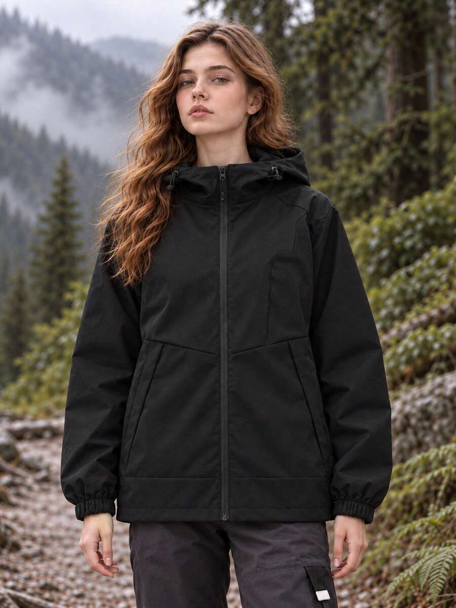 Jaket Wanita Hitam Polos dengan Tudung dan Tali Serut, Resleting Penuh di Bagian Bawah, Tali Serut yang Dapat Diatur di Samping, Saku Tersembunyi, Manset Elastis, Atasan Kasual Longgar - Hitam - View 1