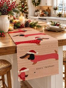 1pc Christmas Table Runner, Beige Red Dachshund Santa Hat Merry Christmas Print Linen Table Runner, Cute Dog Holiday Rectangular Dining Table Decor For Kitchen, Family Dinner, Xmas Party, Winter Farmhouse Home Decoration - B - View 4