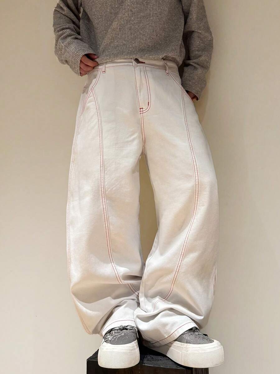 Justice Brother 1pc Personalized Contrast Stitching Comfortable Casual Men's Loose Wide Leg Denim Jeans Pants All Season Versatile Long Pants (Belt/Accessories Not Included) - White - View 1