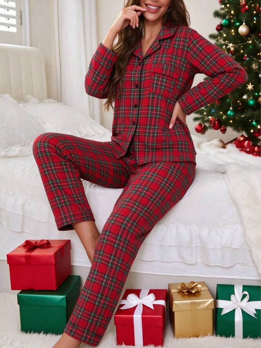 Women's 2-Piece Christmas Long Pajama Set, Spring/Autumn Indoor Fleece Christmas Plaid Print With Pockets, Comfortable Long Sleeve Open Front Sleepwear - Red - View 1