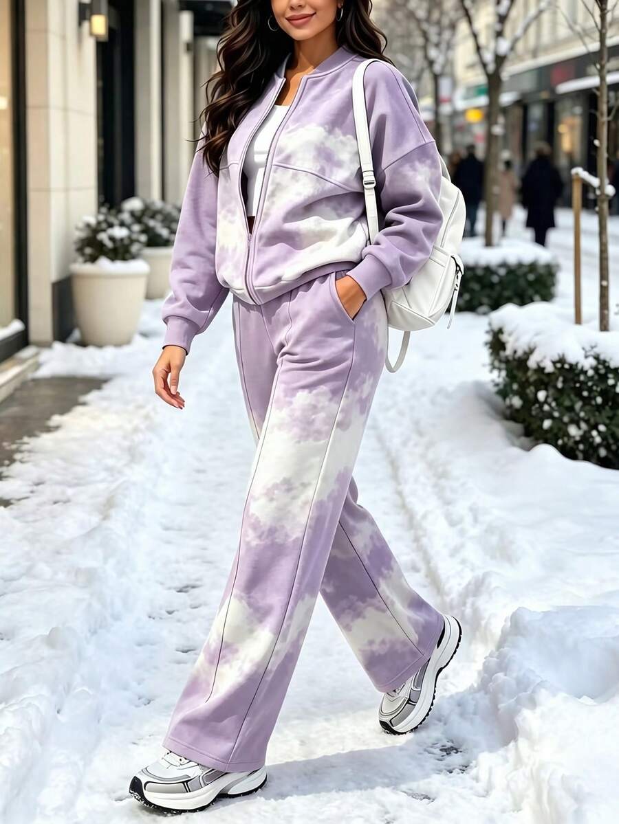 Spring Autumn Winter Fashion New Colorblock Minimalist Sweatshirt Jacket Top With Pockets Straight Leg Pants 2 Pieces Set, Slim Fit Flattering, Daily Commute, Autumn Fashion Outfit Inspiration, Suitable For Sports, Daily, Street, Airport, Travel, Vacation And More - Light Purple - View 1