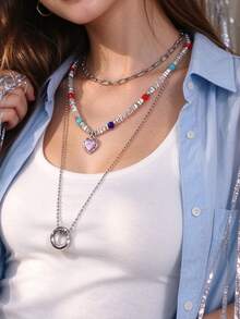 3-Strand Minimalist Chain Necklace With Crushed Stone Beaded Design And Geometric Circle Pendant, Fashion Simple Style - Silver - View 3