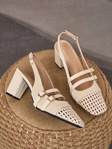 WHDXY 7cm European And American Style Women's Hollow Out Double Buckle Closed Toe Chunky Heel Sandals, Apricot Color, Breathable, Versatile, Suitable For Commuting, Work, Dates And Parties - Apricot - View 1