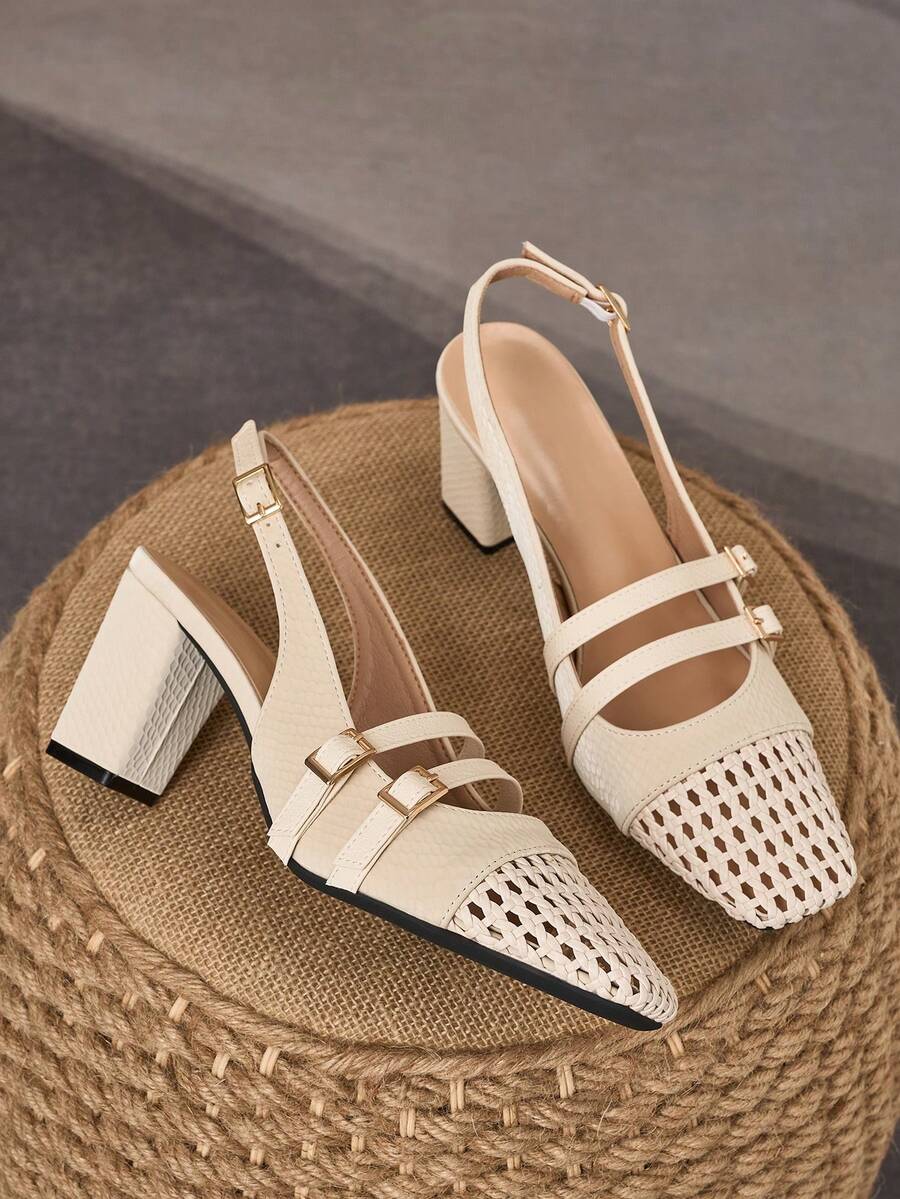 WHDXY 7cm European And American Style Women's Hollow Out Double Buckle Closed Toe Chunky Heel Sandals, Apricot Color, Breathable, Versatile, Suitable For Commuting, Work, Dates And Parties - Apricot - View 1