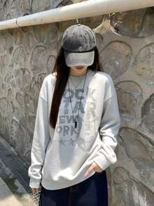 Women's American Rock Guitar Distressed Letter Crew Neck Sweatshirt, Vintage Street Loose Slouchy Autumn/Winter Pullover Top - Off-white - View 6