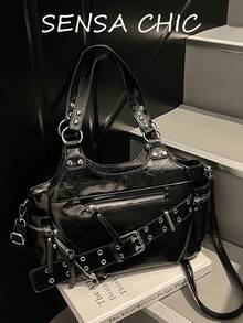 Women's Tote Bag With Zipper Closure, Vintage Y2K Punk Style Tote Bag, Comes With Adjustable Crossbody Strap, Suitable For Daily Outings, Commuting, Shopping, Large Capacity Shoulder Bag, Casual Versatile Distressed Texture Handbag, Personalized Street Style Fashion Accessory - Black - View 9