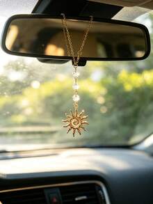 1pc Crystal Beaded Alloy Sun Pendant Car Rearview Mirror Hanging Decoration Car Interior Decor Accessory Creative Car Ornament - A - View 1