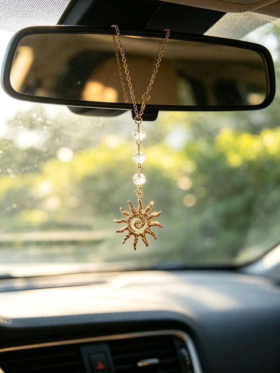 1pc Crystal Beaded Alloy Sun Pendant Car Rearview Mirror Hanging Decoration Car Interior Decor Accessory Creative Car Ornament - A - View 1