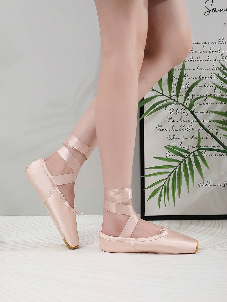 Women's Satin Ballet Pointe Shoes, Pink Wrap-Around Ribbon Flat Dance Shoes, Toe Protection, Comfortable And Lightweight For Dance Performance - Pink - View 1