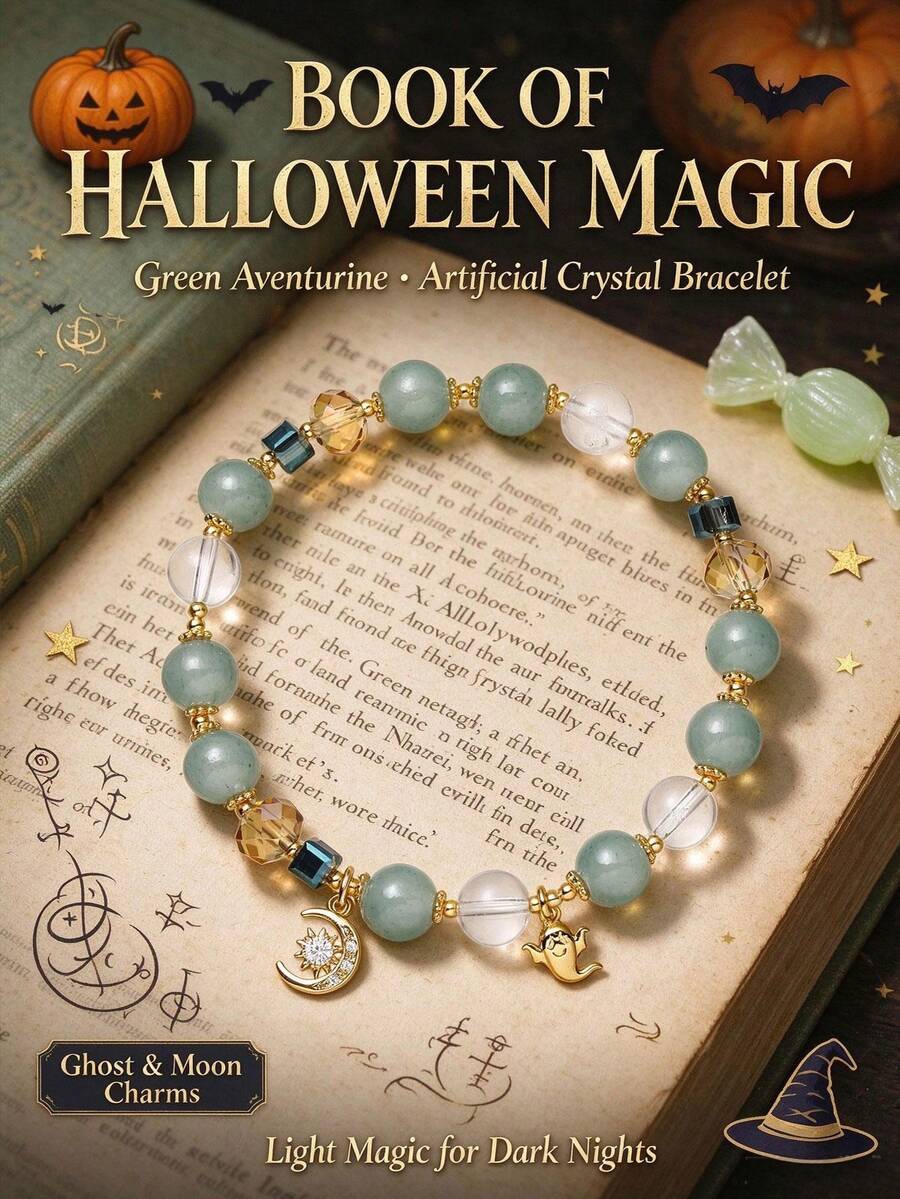 [VE]1pc European & American Vintage Halloween Bracelet, Aventurine & Artificial Crystal Beads, Punk Gothic Style With Ghost, Star & Moon, Party Layering Accessory, Random Color - Bracelet - View 1
