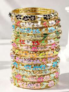 10/7/5/3/1pc Random Color & Style Stackable Vintage Elegant Luxury Palace Enamel Leaf & Flower Metal Bracelet - Multicolor - View 1