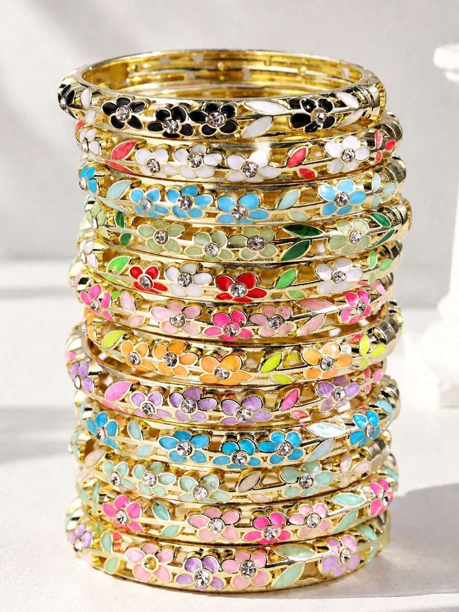 10/7/5/3/1pc Random Color & Style Stackable Vintage Elegant Luxury Palace Enamel Leaf & Flower Metal Bracelet - Multicolor - View 1