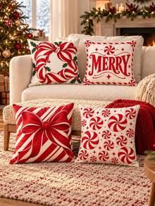 4 Buah Sarung Bantal Hias Natal Vintage Merah & Putih Motif Peppermint, Karangan Bunga Pita, Tulisan MERRY, Motif Pita & Permen, Cetakan Satu Sisi Super Lembut, Cocok Untuk Sofa, Ruang Tamu, Dekorasi Liburan Kamar Tidur, Isian Bantal Tidak Termasuk - MultiWarna - View 4