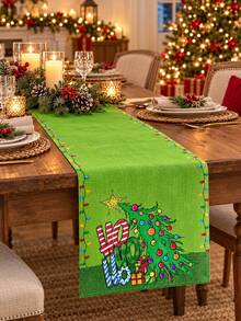 1pc Christmas Table Runner, Green HO HO HO Christmas Tree Light Print Linen Table Runner, Festive Rectangular Dining Table Decor For Kitchen, Family Dinner, Xmas Party, Holiday Banquet, Winter Farmhouse Home Decoration - A - View 1