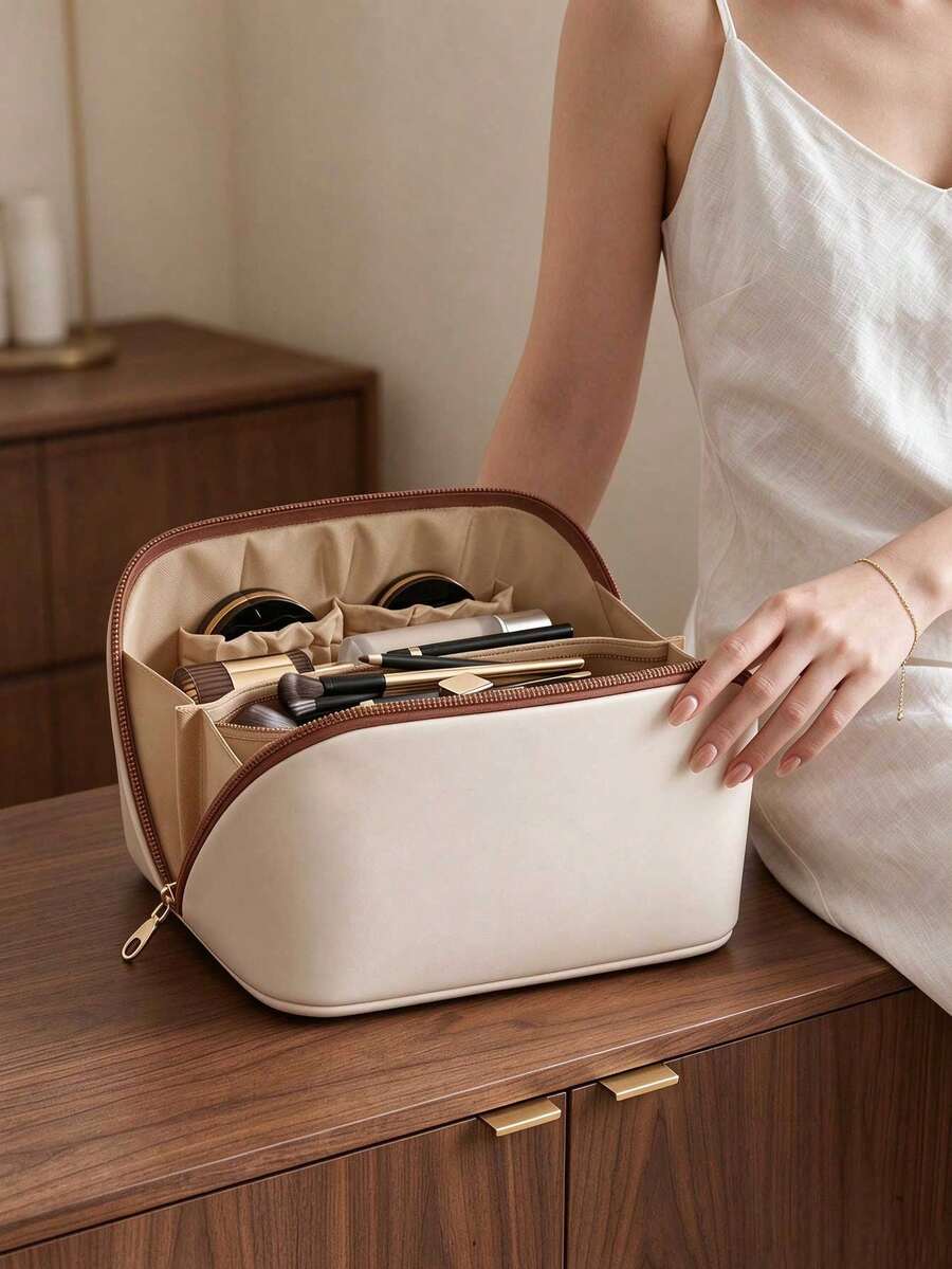 Spacious Water-Resistant Travel Cosmetic Bag With Handle - Durable Faux Leather Toiletry Organizer, Easy Clean, Multi-Purpose Storage Solution For Women - Multicolor - View 1