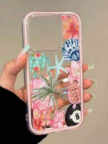 1pc Pink Frame Transparent Minimalist Lens Protection Anti-Fall Anti-Collision Turtle Bear Shell Flower Pattern Phone Case Personalized Compatible With Iphone 16 Pro Max/18/17/16/15/14/13/12/11 Protective Case Air Suitable For Samsung Series - Multicolor - View 4