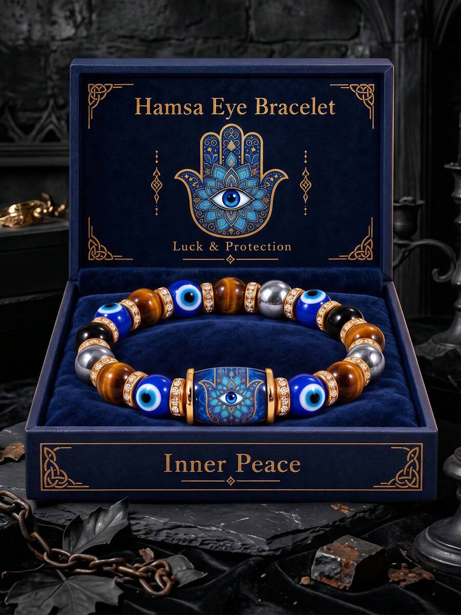 Evil Eye Fatima's Hand Tiger Eye Beaded Bracelet, Gold-Plated Rhinestone Spacer Beads Elastic Bracelet, Lucky Guardian Jewelry Gift (No Box) - Multicolor - View 1