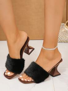 Black & Brown Colorblock Fuzzy High Heel Slide Sandals For Women, Square Toe Asymmetric Chunky Heel Slip-On Slippers, Plush Versatile Outdoor Wear - Black - View 1
