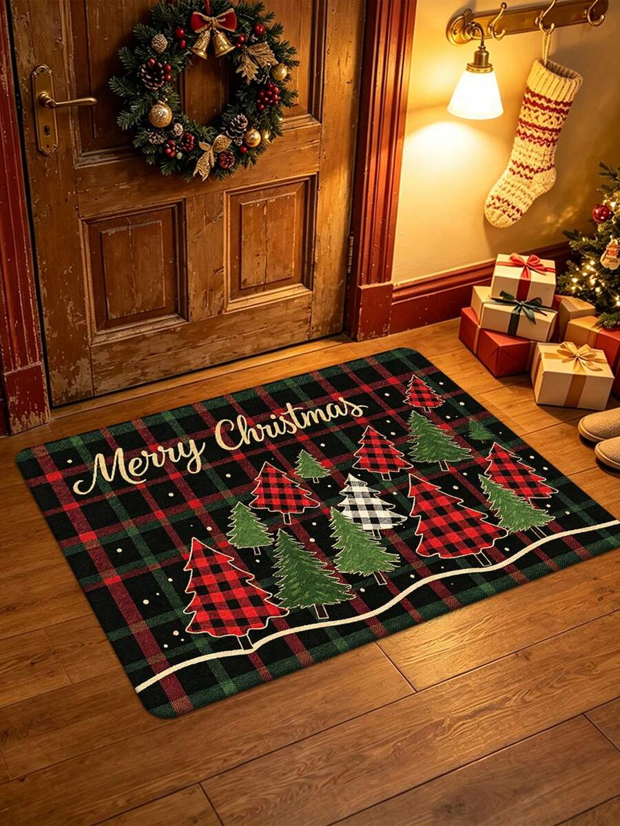 1pc Red Green Black Plaid Christmas Tree Pattern Doormat, Gold Christmas Art Lettering, Dotted Decoration, Autumn/Winter New, Velvet Home Decor Small Rug, Suitable For Living Room, Bedroom, Office, Dining Table, Coffee Table, Entrance, Bathroom, Comfortable, Beautiful, Easy To Clean, Christmas Decoration - A - View 1