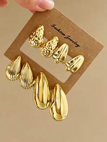 8PCS Gold Fashion Jewelry Earring Set, Vintage Niche Exaggerated Different Style Oversized Water Drop Stud Earrings, Suitable For Women's Daily/Party/Wedding/Gift And Multiple Occasions - Gold - View 1