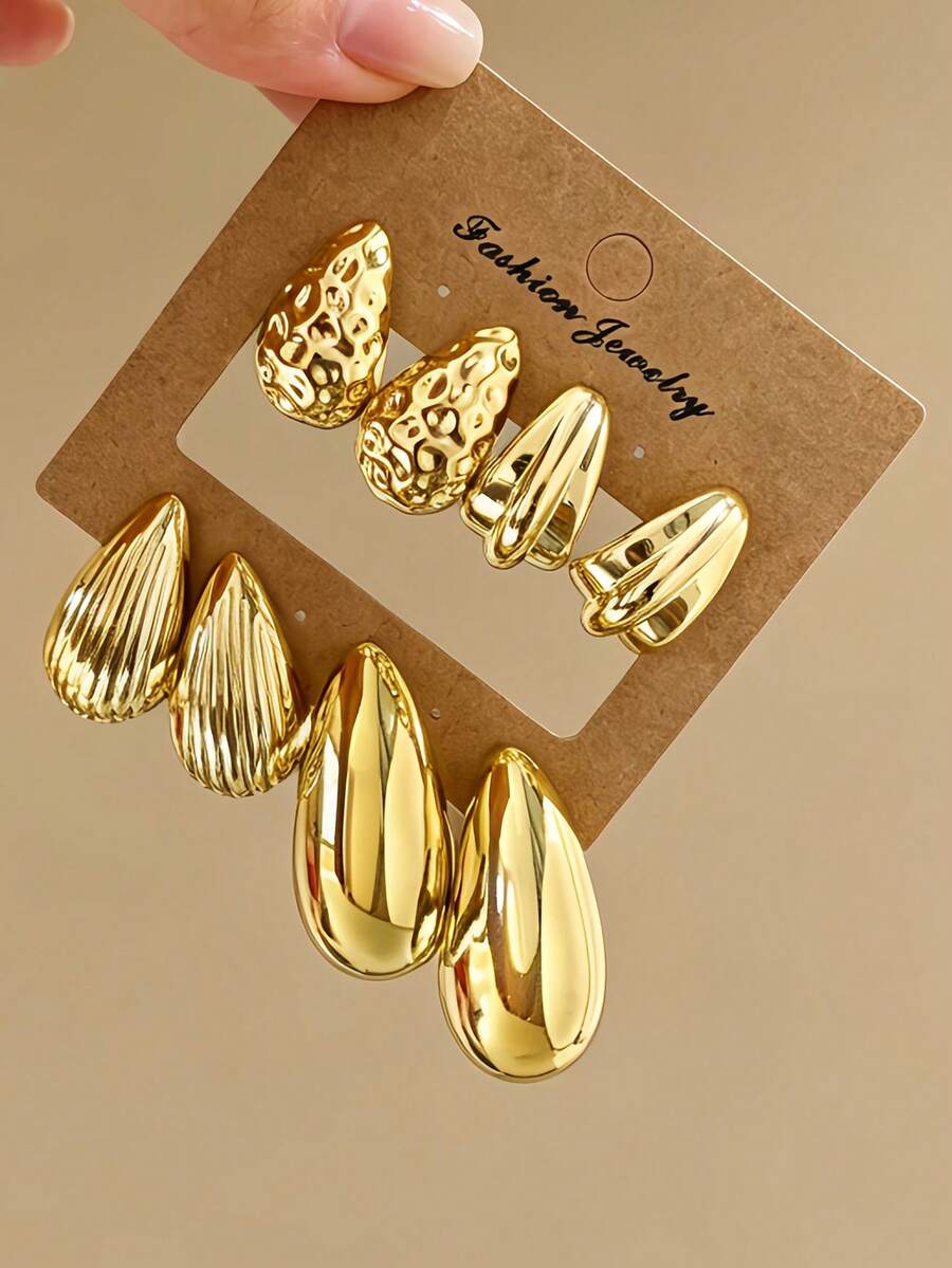 8PCS Gold Fashion Jewelry Earring Set, Vintage Niche Exaggerated Different Style Oversized Water Drop Stud Earrings, Suitable For Women's Daily/Party/Wedding/Gift And Multiple Occasions - Gold - View 1