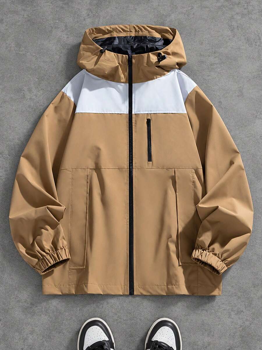 1pc Men's Plus Size Patchwork Loose Hooded Jacket, Suitable For Spring And Autumn, Ideal For Daily Wear And Travel - Olive Green - View 1
