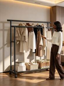 1pc Double Garment Rack With Swivel Casters, Thickened Tube For Stable Support, Freestanding Design, For Bedroom Clothes Storage, Temporary Drying And Clothing Display - A - View 1