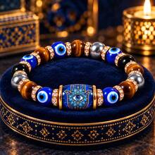 Evil Eye Fatima's Hand Tiger Eye Beaded Bracelet, Gold-Plated Rhinestone Spacer Beads Elastic Bracelet, Lucky Guardian Jewelry Gift (No Box) - Multicolor - View 4