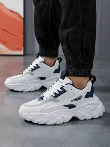 Men's Wave Thick Sole Chunky Sneakers, Mesh Breathable Height-Increasing Sports Shoes, Spring/Autumn Colorblock Casual Running Shoes, Versatile Fashion Sneakers For Teenagers - White - View 7