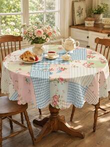 Pastoral Patchwork Gingham Rose Floral Round/Rectangular Tablecloth, For French Afternoon Tea Table Decor - Multicolor - View 11