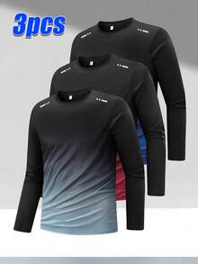 3PCS Men's Gradient Quick-Dry Crew Neck Long Sleeve T-Shirt, Suitable For Sports, Fitness, Training, Running, Outdoor And Daily Wear - Multicolor - View 1
