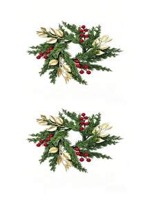 1/2pcs Red Berry & Gold Leaf Wreath - Artificial Green Pine Needle Candle Ring For Wedding Table Centerpiece, Holiday And Party Decoration - Green - View 8