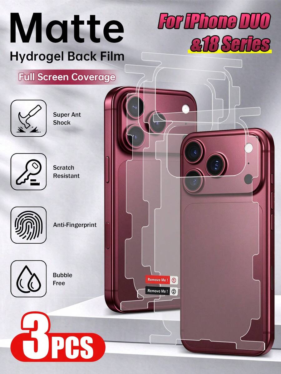 3pcs DUO Anti-Fingerprint Soft TPU Anti-Scratch Invisible Back Film Compatible With Iphone, Full Coverage Matte Screen Protector, Compatible With IPhone 18 Pro Max 17 Pro Max/17 Air/17 Pro, Includes Side + Back Film - Clear - View 1