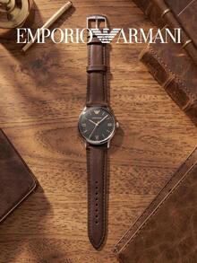 Armani AR11503 Retro MOP Ladies Watch,Rose‑Gold Round Case Iridescent MOP Dial Crystal Roman Index Black Embossed Composite Strap Wristwatch - Brown - View 2