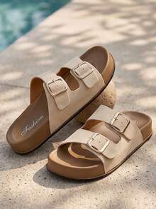Women's Double Strap Adjustable Buckle Thick Sole Slides, Beige Matte Upper, Casual Commute Outdoor Wear, Versatile Slip-On Comfortable Easy-To-Wear - White - View 8