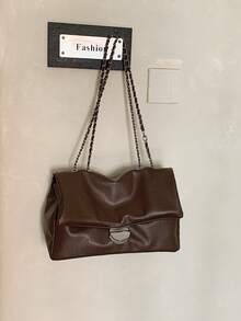 SIMUTINE 1pc Minimalist Solid Color Round Metal Lock Flap Design PU Fabric Women's Chain Shoulder Bag, Adjustable Metal Chain Large Capacity Shoulder Crossbody Handbag, Fashion Soft Portable Bag Suitable For Daily Commute Shopping Travel - Coffee - View 11