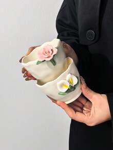 1pc Handmade 3D Ceramic Cup, Highly Attractive Personalized Creative Asymmetrical Hand-Grip Cup, Arabic Coffee Cup, Calla Lily & Pink Rose, Exquisite Cup Suitable For Tea, Latte Art, Coffee - Multicolor - View 8