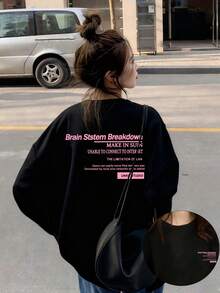 Women's Round Neck Long Sleeve T-Shirt, Spring/Autumn New Letter Graphic Print, Fashion Casual Versatile Loose Fit Top - Black - View 1