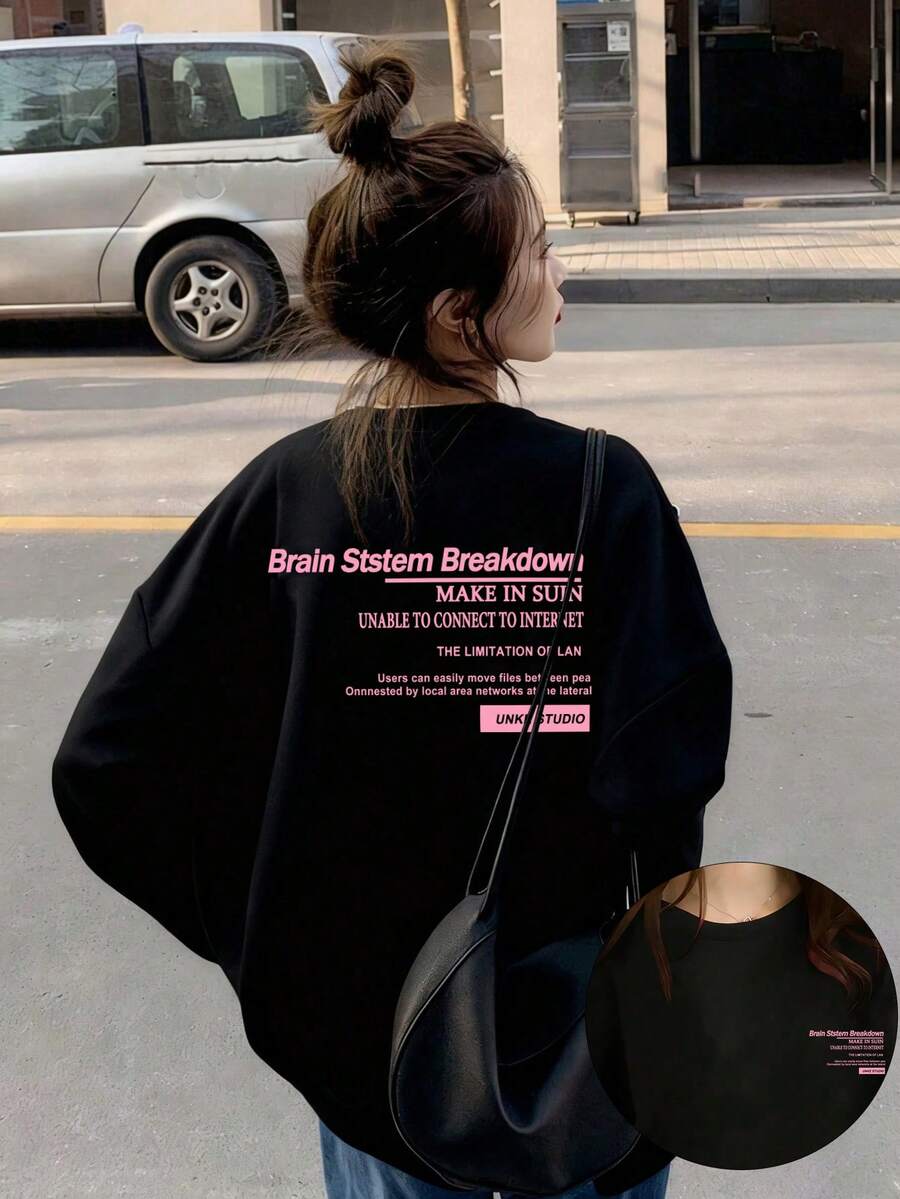 Women's Round Neck Long Sleeve T-Shirt, Spring/Autumn New Letter Graphic Print, Fashion Casual Versatile Loose Fit Top - Black - View 1