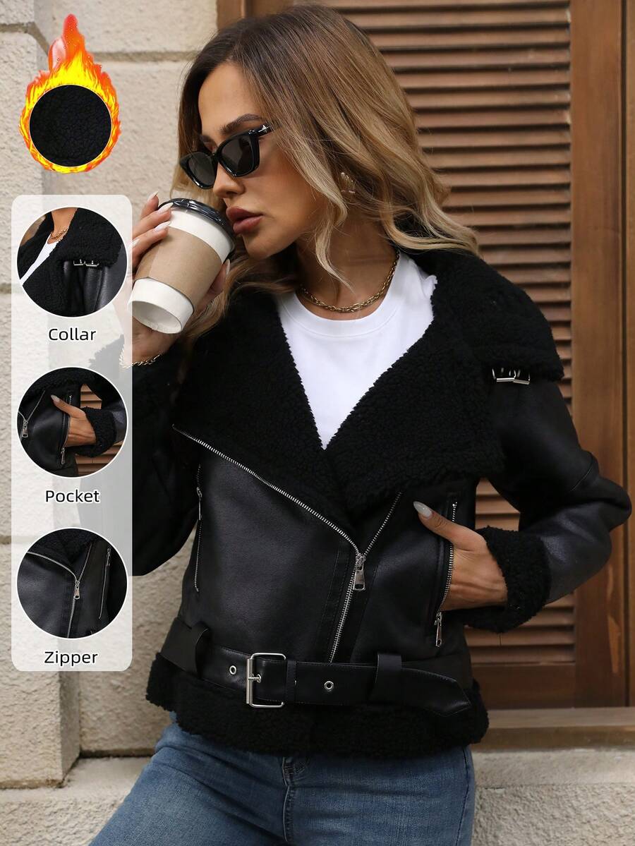 Women's Faux Leather & Fleece Lined Biker Jacket, Winter Warm Flight Jacket, Short Style Black