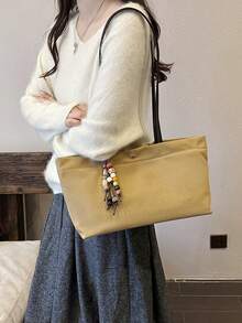 Women's Casual Khaki Canvas Shoulder Tote Bag, Minimalist Snap Button Design, Large Capacity, Artistic Beaded Charm Commuter Underarm Bag - Khaki - View 6