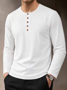 Men's Spring/Autumn Fashion Casual Button-Up Slim Fit Regular Shoulder Henley Collar Long Sleeve T-Shirt - White - View 2