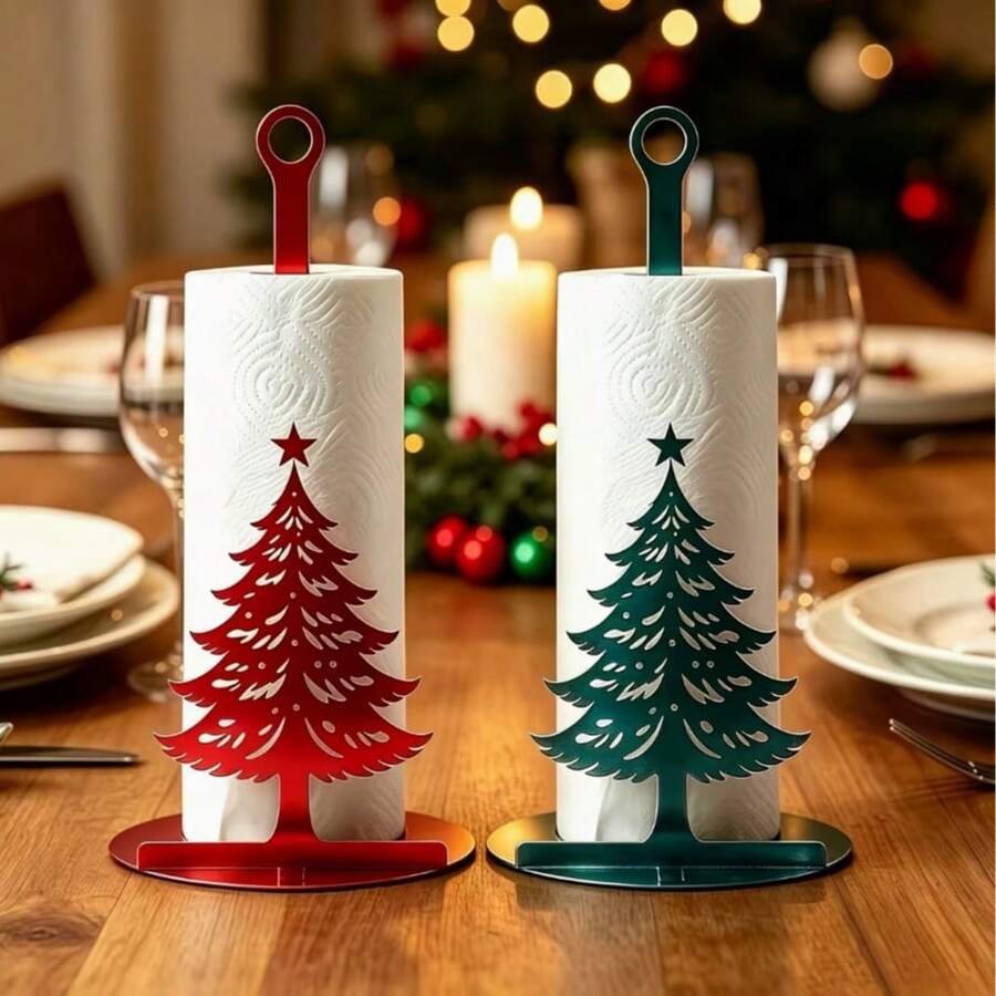 Christmas Tree Acrylic Kitchen Paper Towel Holder, Red And Green Dual Color Options, Standard Christmas Tree Shape With Star Top Design. Sturdy Base, Easily Stores Paper Towels, Adds Minimalist And Elegant Christmas Atmosphere To Dining Table And Kitchen. - Multicolor - View 1