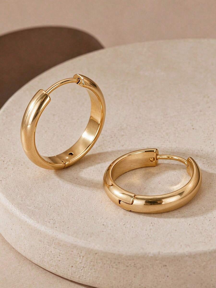 CHICAT 1 Pair Minimalist Classic Gold Plain Hoop Earrings For Women, Simple Round Design, Suitable For Daily Wear Accessories - Gold - View 1