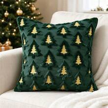 1pc Plush Embroidered Christmas Tree Pillow Case, Bohemian Style Square Throw Pillow Cover For Living Room, Bedroom, Sofa, All Seasons - Dark Green - View 8